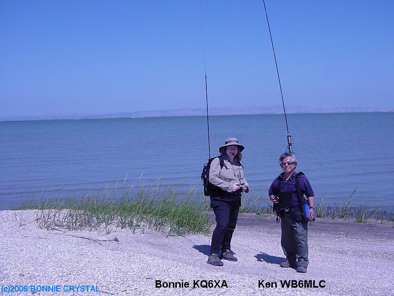 Bonnie KQ6XA and Ken WB6MLC on the bayshore beach of Brewer Island
